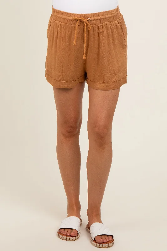 Camel Drawstring Waist Tie Maternity Shorts