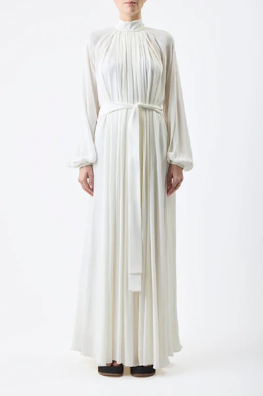 Cedric Pleated Dress in Ivory Silk Georgette Twill