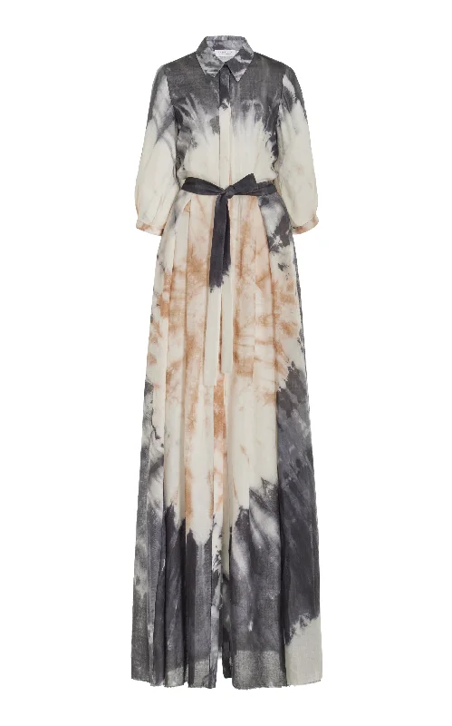 Daisy Pleated Shirtdress in Camel Multi Tie Dye Cashmere Silk Gauze