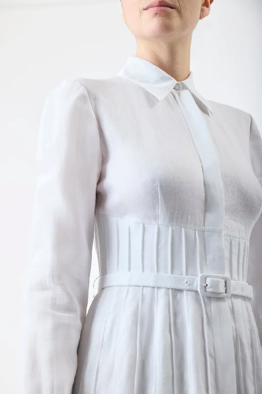 Dewi Pleated Shirtdress in White Aloe Linen