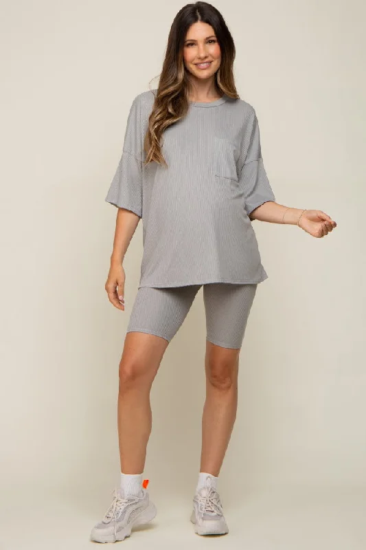 Heather Grey Ribbed Biker Short Maternity Sleep Set