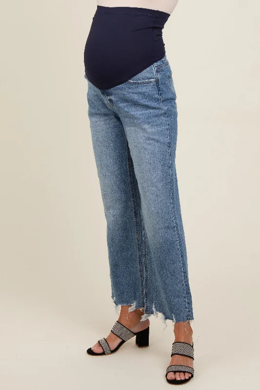 Light Blue Distressed Cropped Straight Leg Maternity Jeans