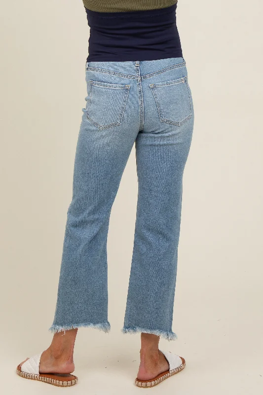 Light Blue Open Knee Fringe Hem Straight Leg Maternity Jeans