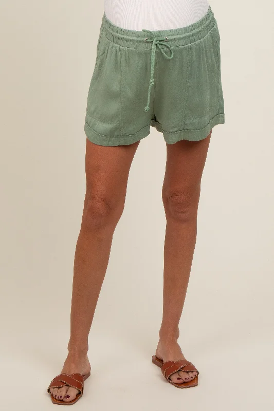 Light Olive Drawstring Waist Tie Maternity Shorts