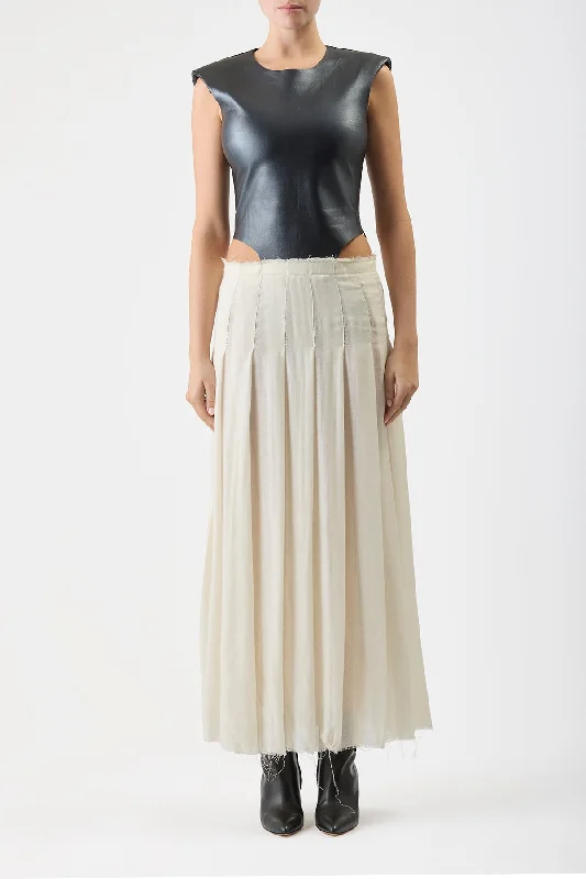 Mina Pleated Dress in Ivory Virgin Wool Cashmere with Metallic Nappa Leather Bodice