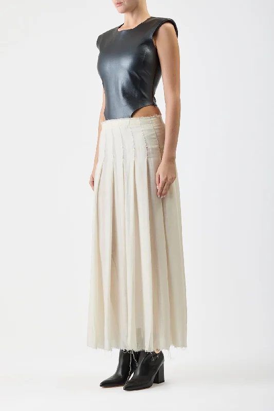 Mina Pleated Dress in Ivory Virgin Wool Cashmere with Metallic Nappa Leather Bodice