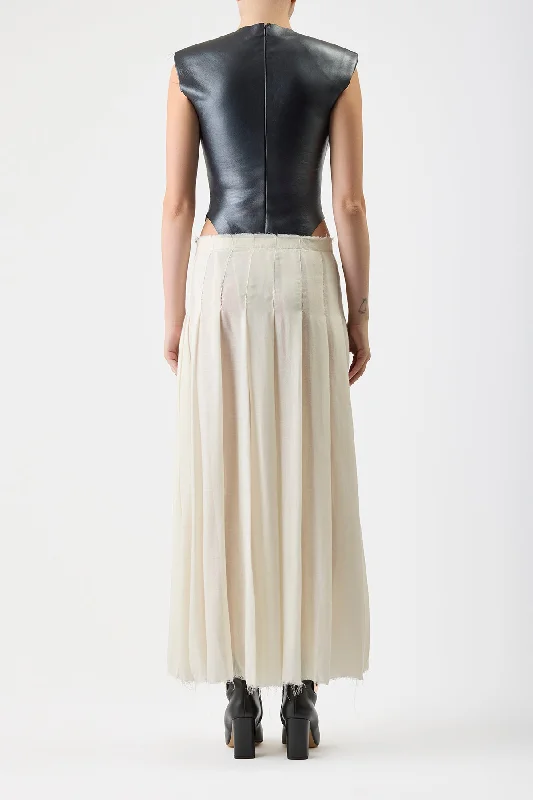 Mina Pleated Dress in Ivory Virgin Wool Cashmere with Metallic Nappa Leather Bodice