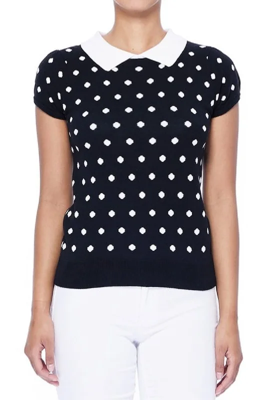 YEMAK Women's Classic Polka Dot Contrast Collar Short Sleeve Casual Pullover Sweater MK3673