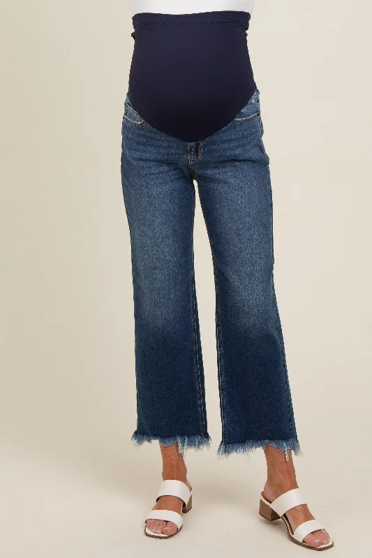 Navy Blue Fringe Hem Maternity Cropped Jeans