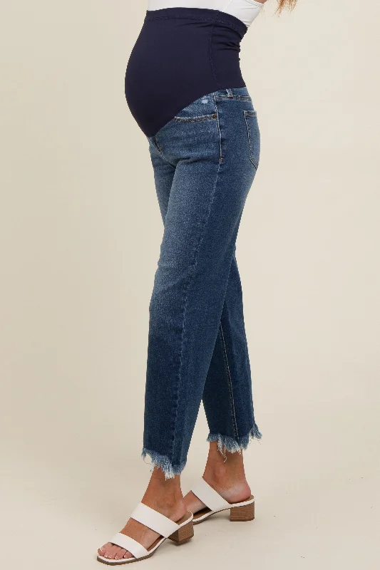 Navy Blue Fringe Hem Maternity Cropped Jeans