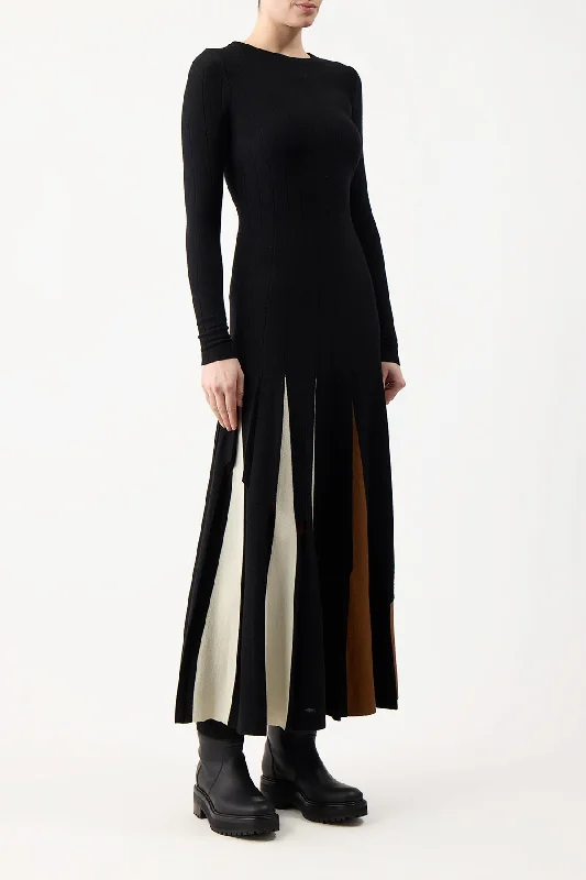 Ottavia Knit Pleated Dress in Black Multi Merino Wool