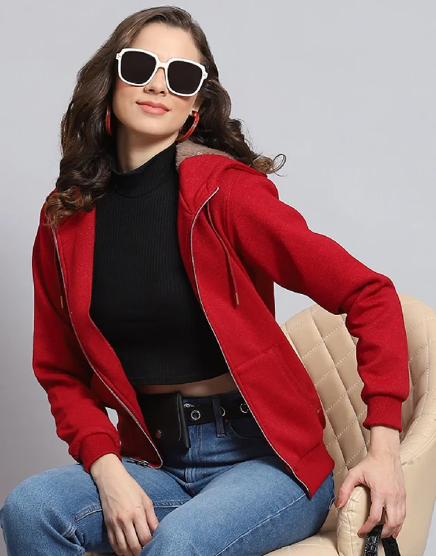 Women Maroon Solid Hooded Full Sleeve Sweatshirt