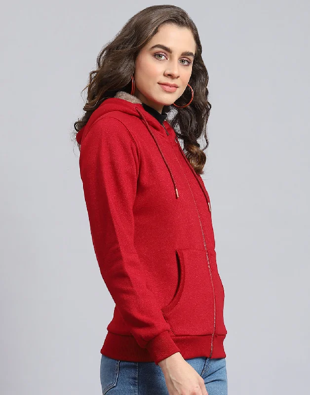 Women Maroon Solid Hooded Full Sleeve Sweatshirt