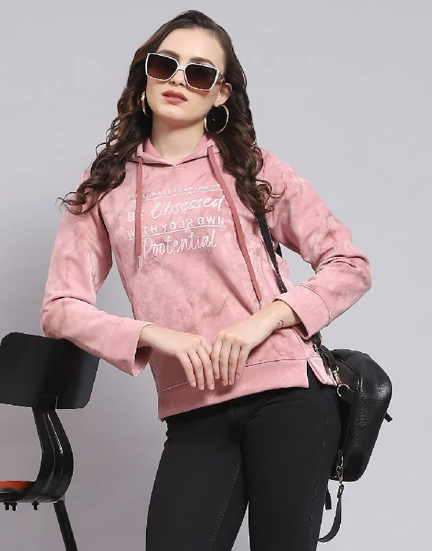 Women Peach Printed Hooded Full Sleeve Sweatshirt