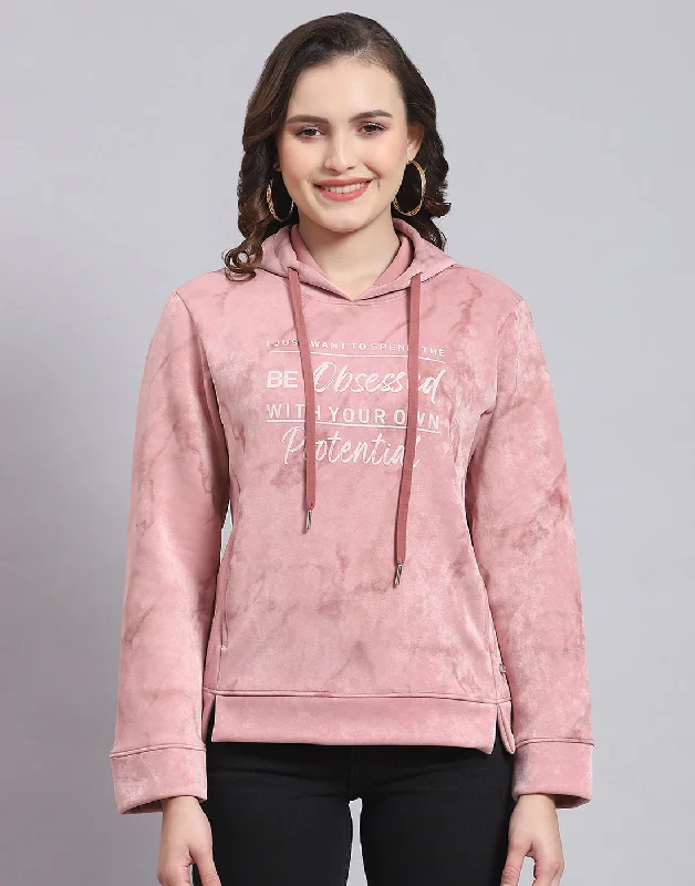 Women Peach Printed Hooded Full Sleeve Sweatshirt