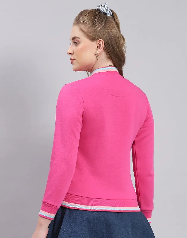 Women Pink Solid Mandarin Collar Full Sleeve Sweatshirt