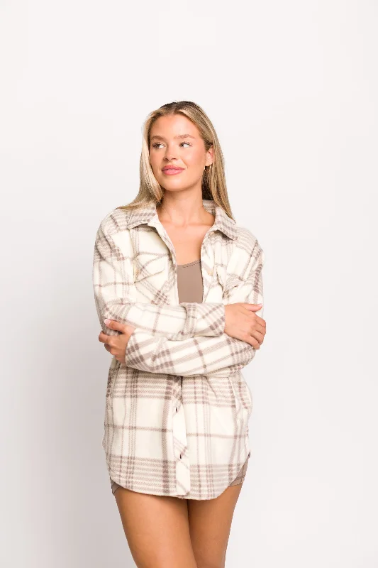 Fall for It Fleece Cozy Shacket in Coconut Ash Plaid