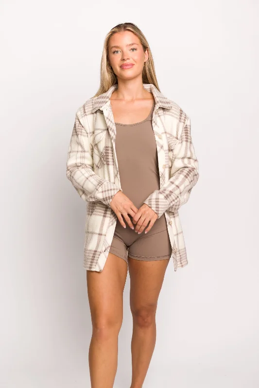 Fall for It Fleece Cozy Shacket in Coconut Ash Plaid