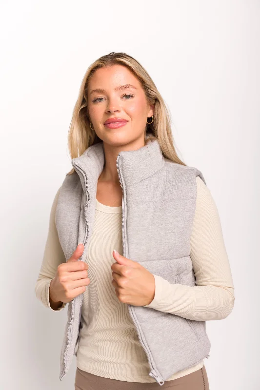 Greer Puffer Vest with Zipper in Heather Grey