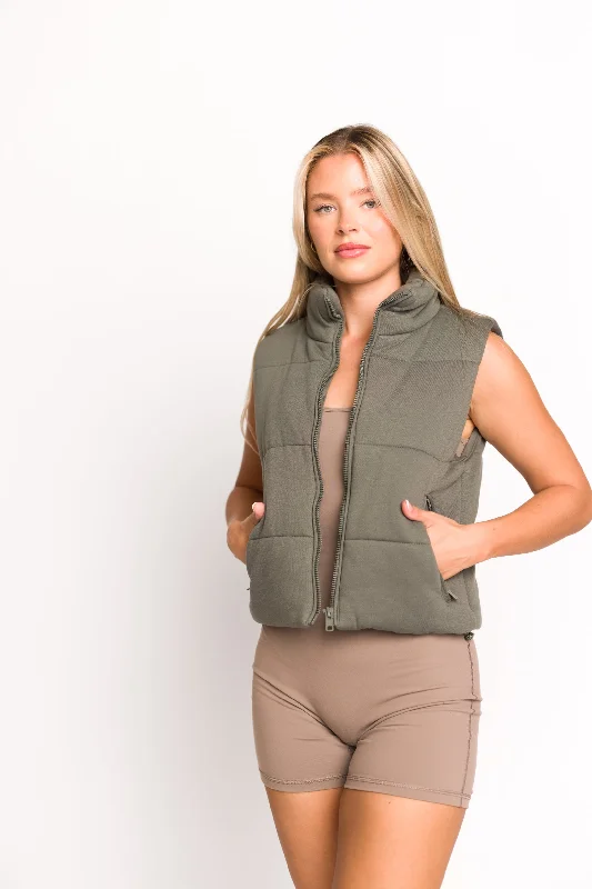 Greer Puffer Vest with Zipper in Olive