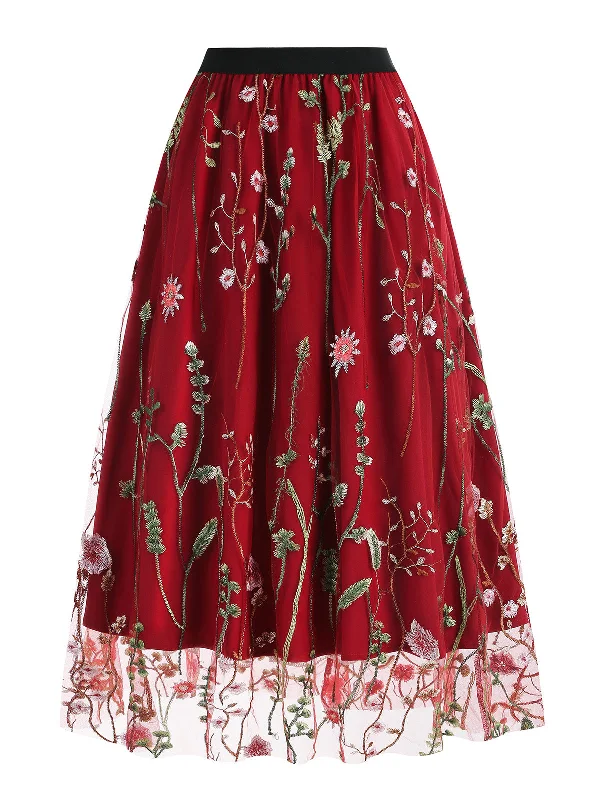 1950s Floral Embroidered Mesh Skirt