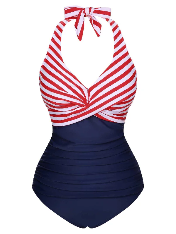 1950s Halter Stripes Floral One-Piece Swimsuit