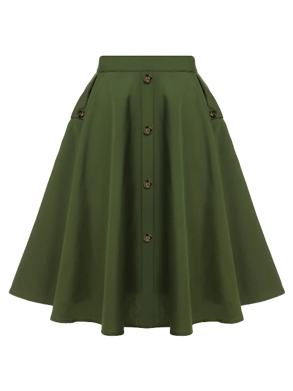 Army Green 1950s Pocket Buttoned Skirt