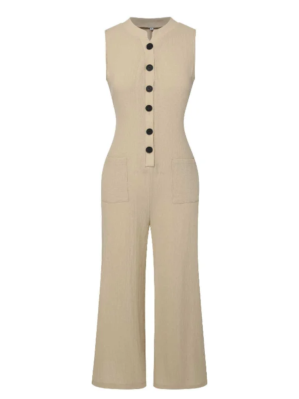 Beige 1940s Pockets Solid Sleeveless Jumpsuit