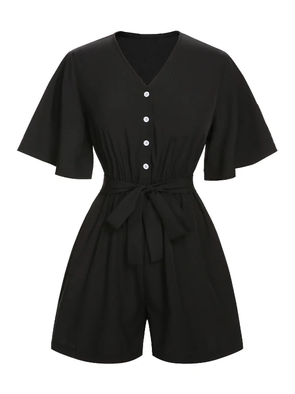 Black 1960s Solid Flare Sleeve V-Neck Romper