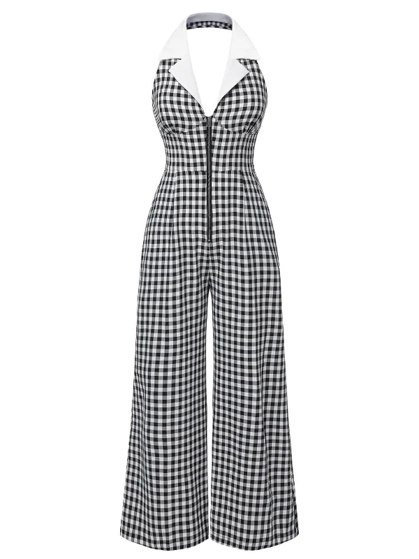 Black White 1940s Plaid Lapel Halter Jumpsuit