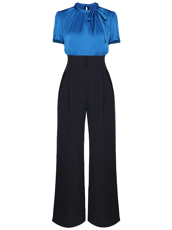 Blue 1930s Solid Lace-up Jumpsuit