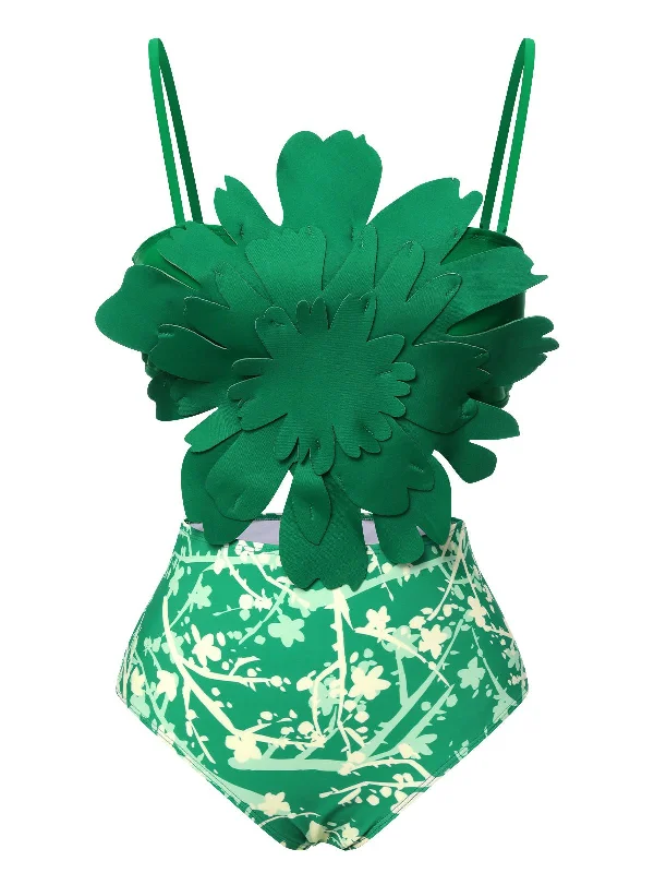 Green 1960S 3D Floral Strap Swimsuit