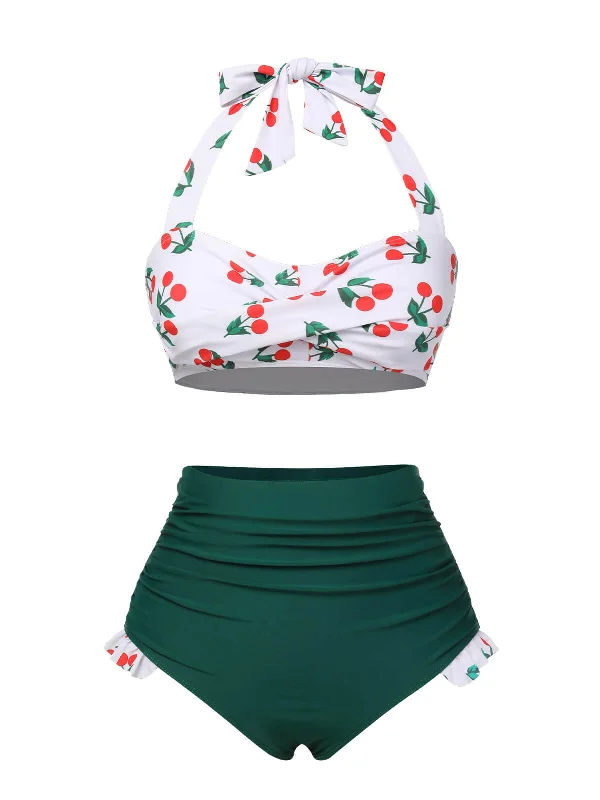 Green & White 1960s Cherry Halter Swimsuit