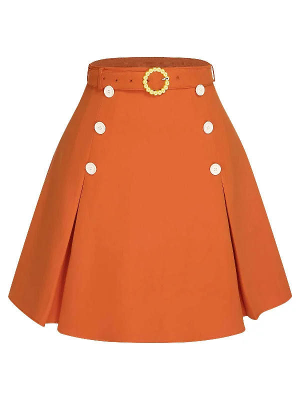 Orange Red 1960s Button Solid Belted Skirt