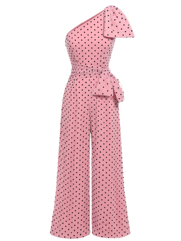 Pink 1930s Polka Dot One-shoulder Jumpsuit