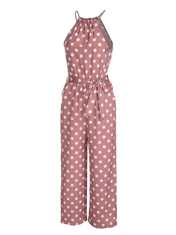 Pink 1930s Polka Dots Drawstring Halter Jumpsuit