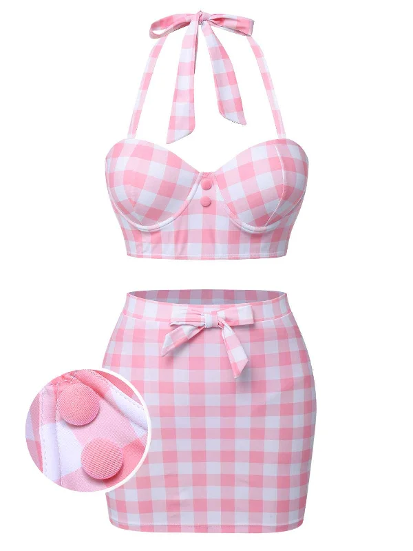 Pink 1950s Halter Plaids Bow Swimsuit