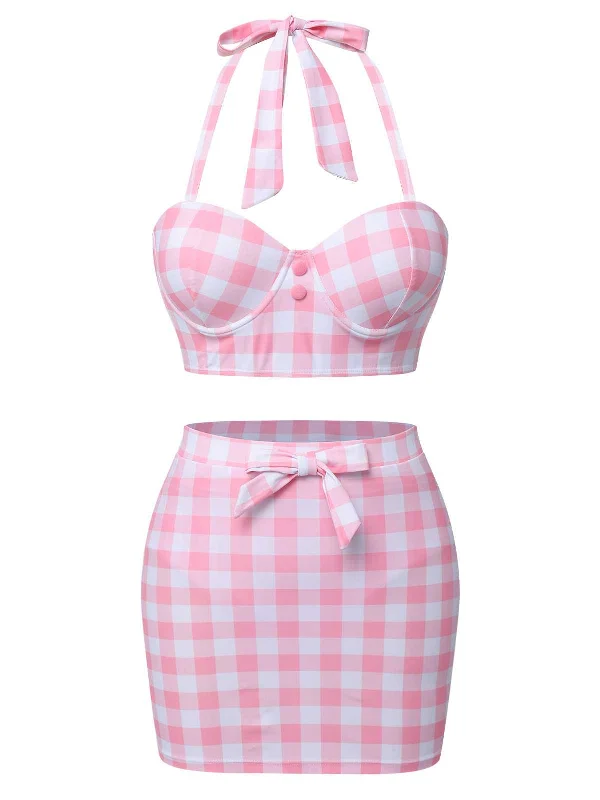 Pink 1950s Halter Plaids Bow Swimsuit