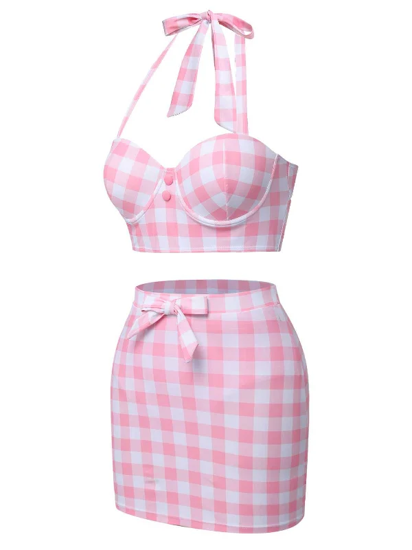 Pink 1950s Halter Plaids Bow Swimsuit