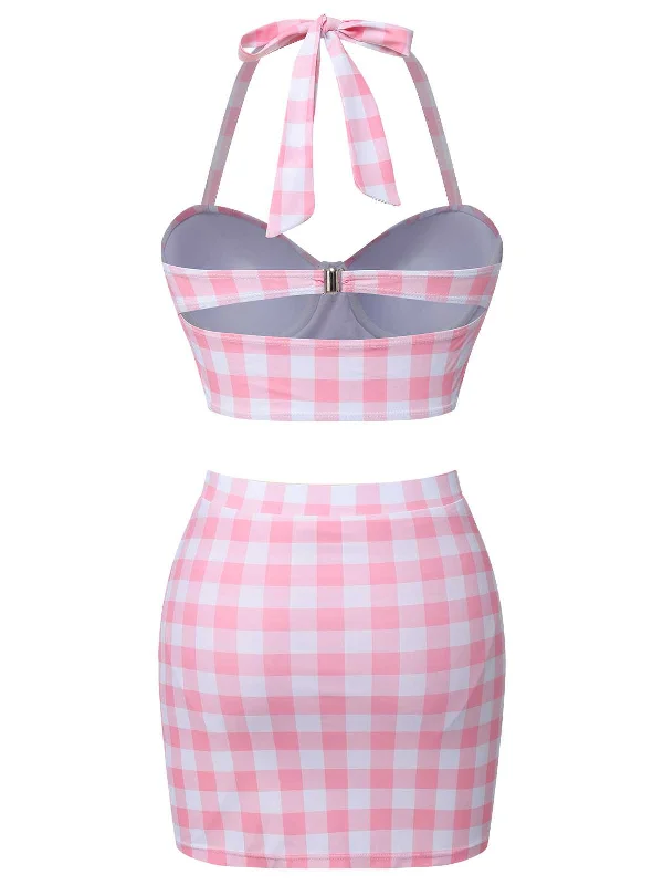 Pink 1950s Halter Plaids Bow Swimsuit