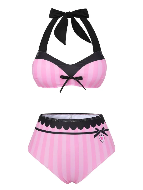 Pink & Black 1950s Stripe Halter Swimsuit