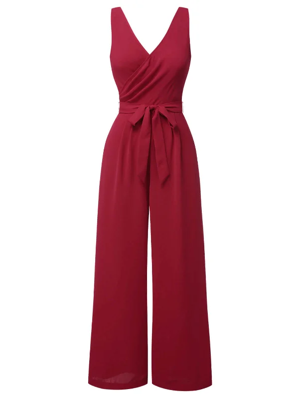 Red 1930s Solid Wasit Tie V-Neck Jumpsuit