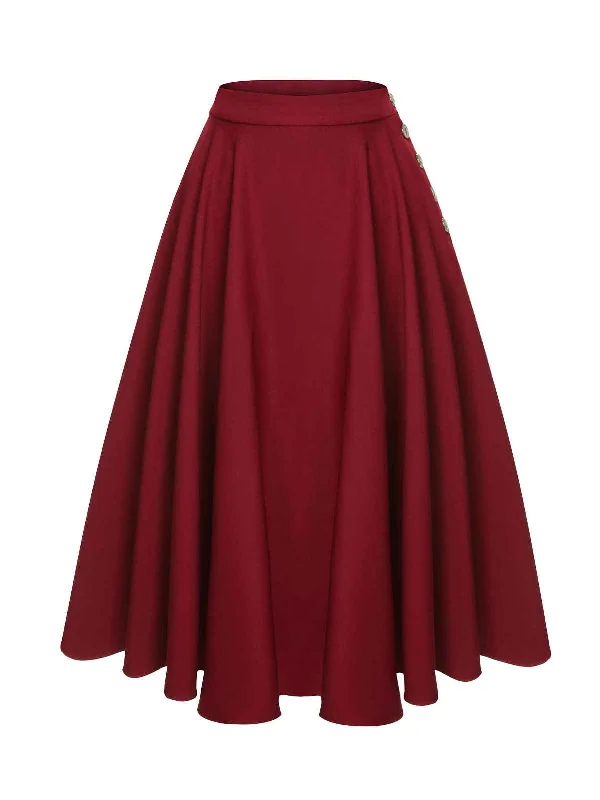 Red 1940s Buttoned Solid Skirt