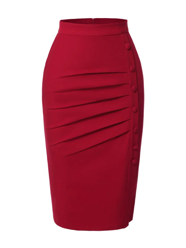 Red 1940s Pleated Button Pencil Skirt