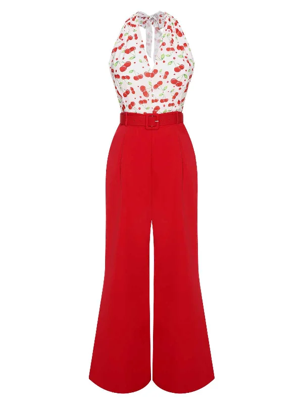 Red 1930s Cherry Belted Halter Jumpsuit