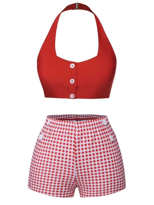 Red 1950s Halter Plaids Swimsuit